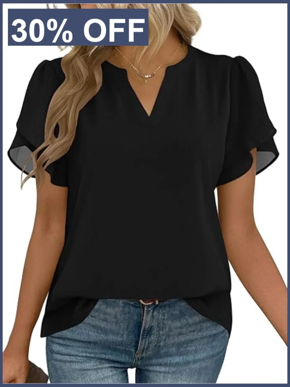Elegant Petal Sleeve Blouse - Short Sleeve V-Neck Work Top Business Casual